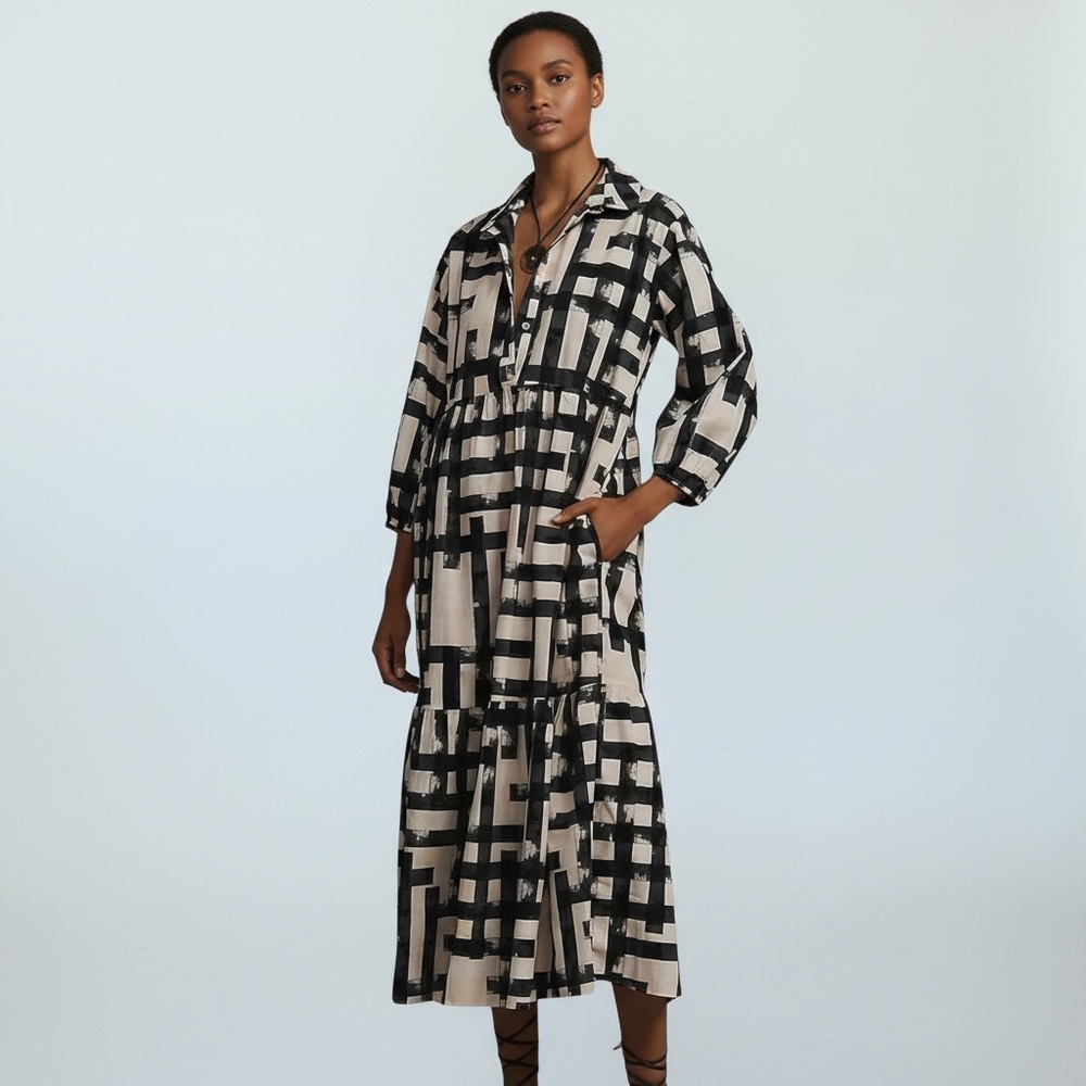 Dsewpaur/Boho/ 3/4 Puff Sleeve/Button Down Tiered/Maxi Shirt Dress/Size: Large - Picture 6 of 13